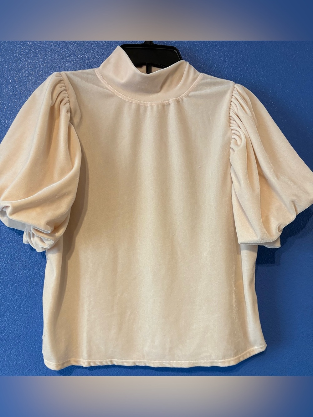 Free People Cream Velvet Puff Sleeve Mock Neck Top